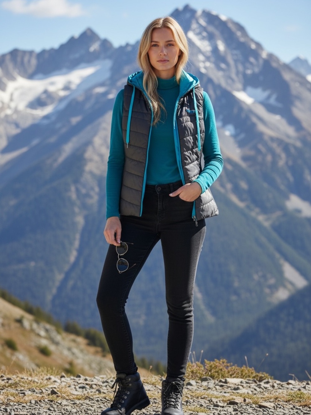 Oakley Hooded puffer Vest in Charcoal with teal trim & hood quilted full zip Lg